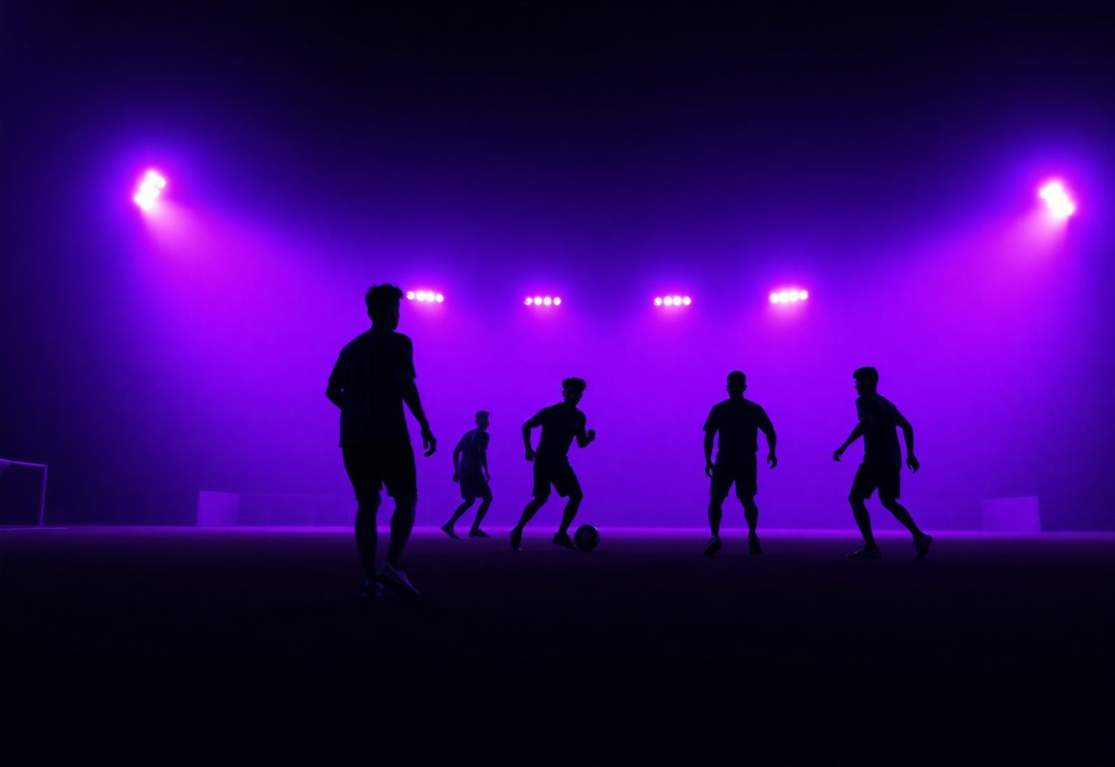 Players on a floodlit five-a-side turf at night